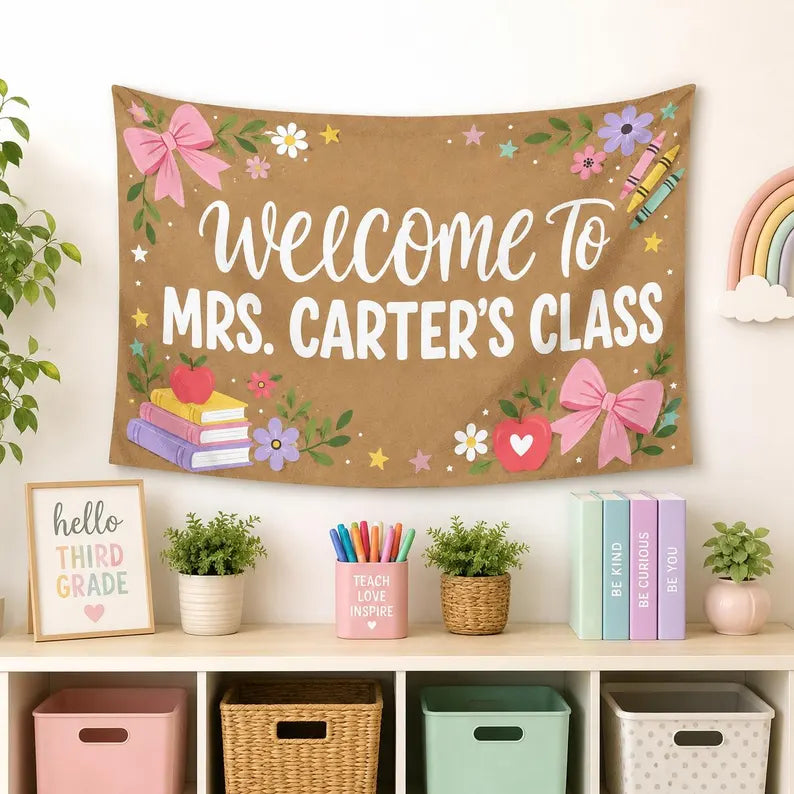 Custom Teacher Name Classroom Banner, Personalized Welcome to My Class Backdrop, Coquette Boho Teacher Gift, Back to School Decor 2026.CBPETAL08