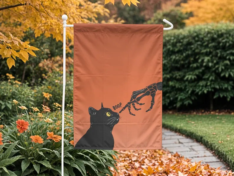 Black Cat Garden Flag Cute Halloween Porch Decor with Skeleton Hand Funny Boop Cat Gift Idea for Cat Lovers Outdoor Spooky Yard Banner. HLWGFPETAL16