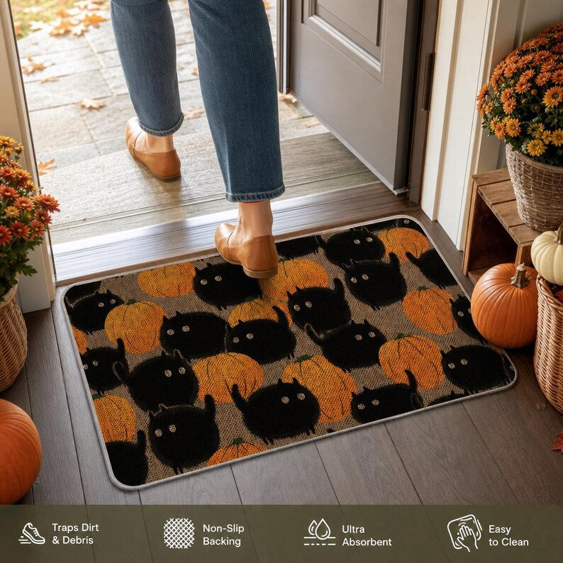 Halloween Doormat Black Cat Pumpkin, Spooky Welcome Mat, Witch Decor, Front Door Rug Gift. DMPETAL17