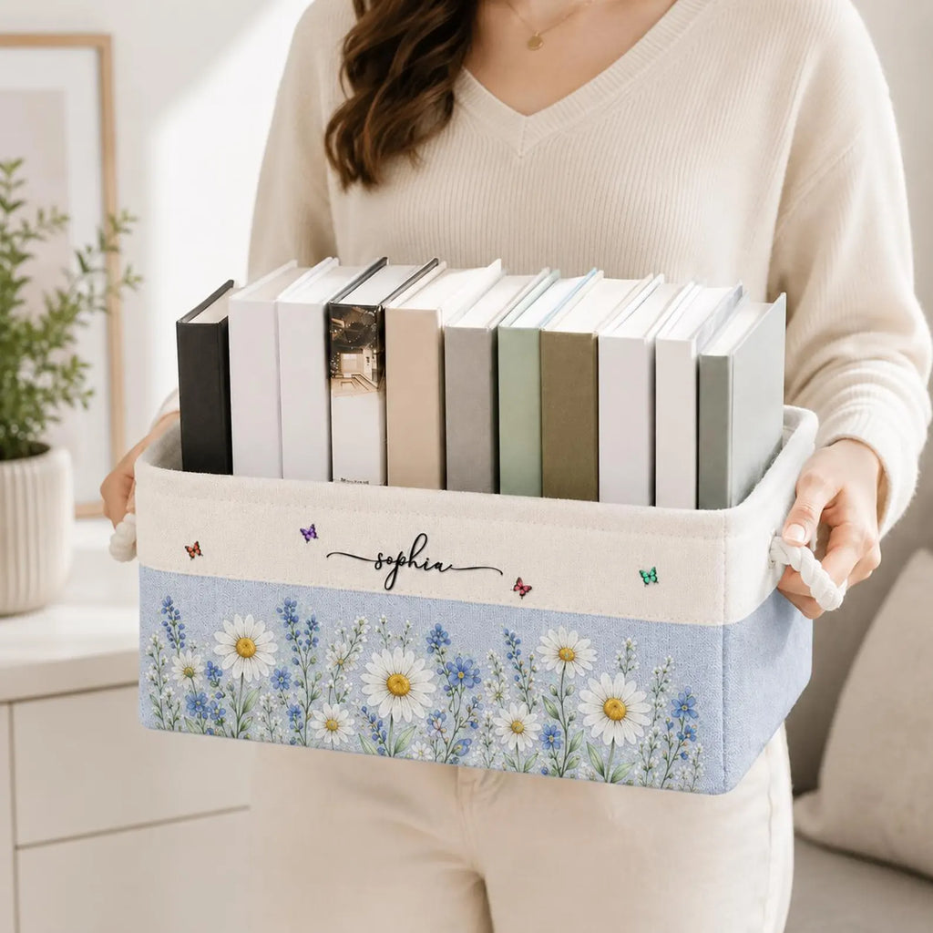 Personalized Birth Month Flower Book Basket, Custom Birth Flower & Name Storage Basket For Her, Wife, Daughter, Coworker, Book Lover Gift. BBPETAL3