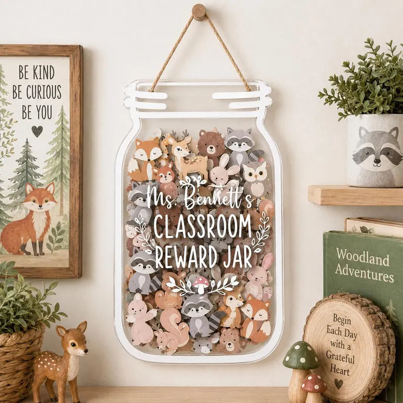 Personalized Woodland Animal Reward Jar, Wooden Forest Theme Classroom Incentive, Custom Nature Token Board for Kids, Back to School Gift. RJPETAL03
