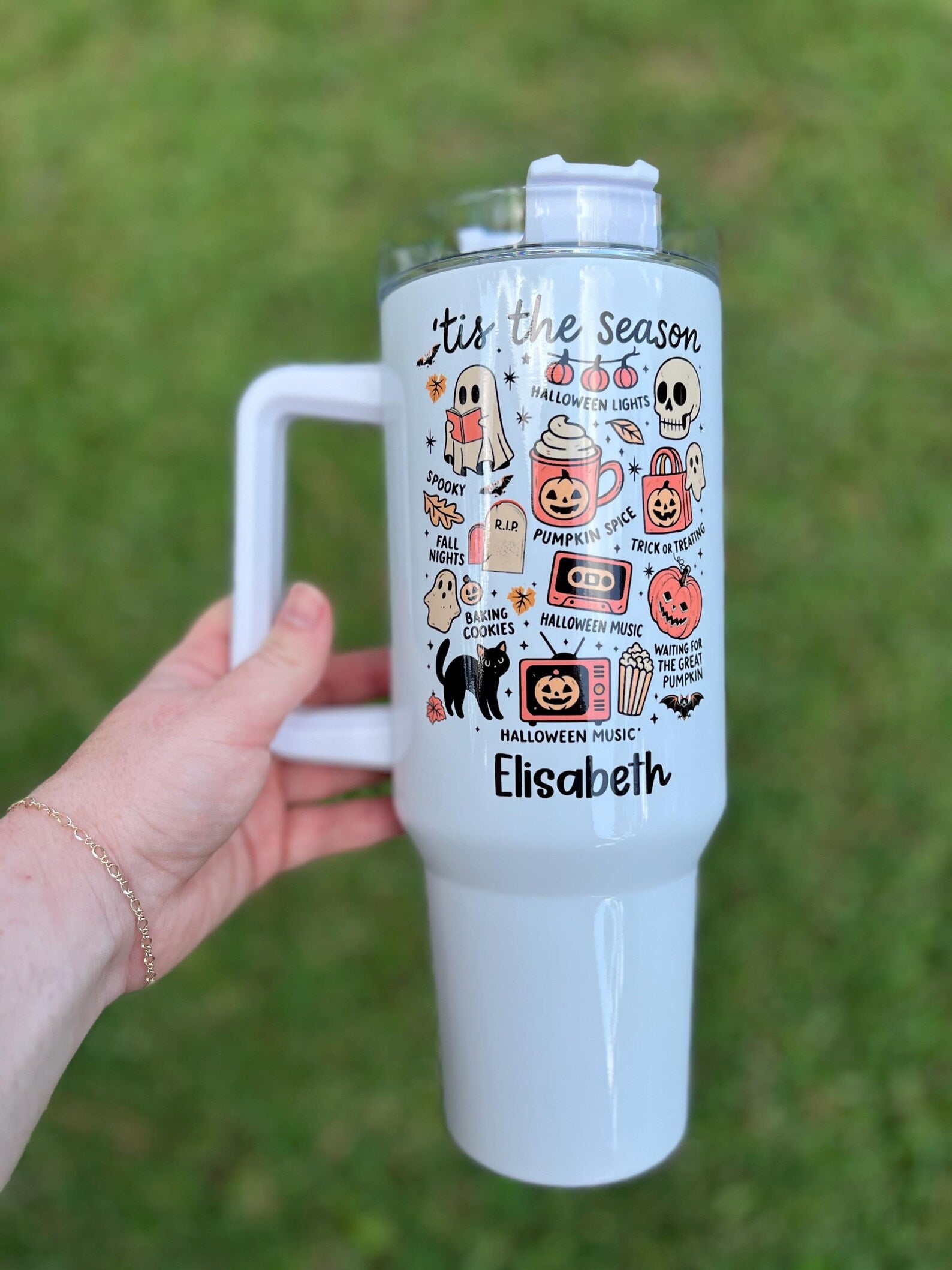 Spooky season 40oz tumbler, halloween 40oz tumbler with handle, pumpkin and skeleton tumbler for halloween, boo basket gift for her. TBLPETAL8
