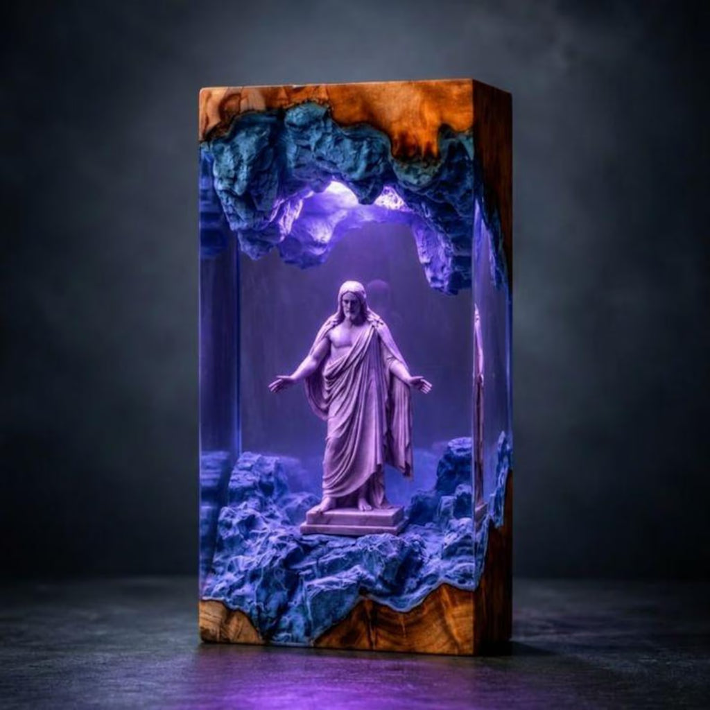 Jesus Resin Wood Night Light, Christian Desk Decor, Catholic Bedside Table Lamp, Religious Easter Gift, Dorm Room Lighting. RLPETAL17