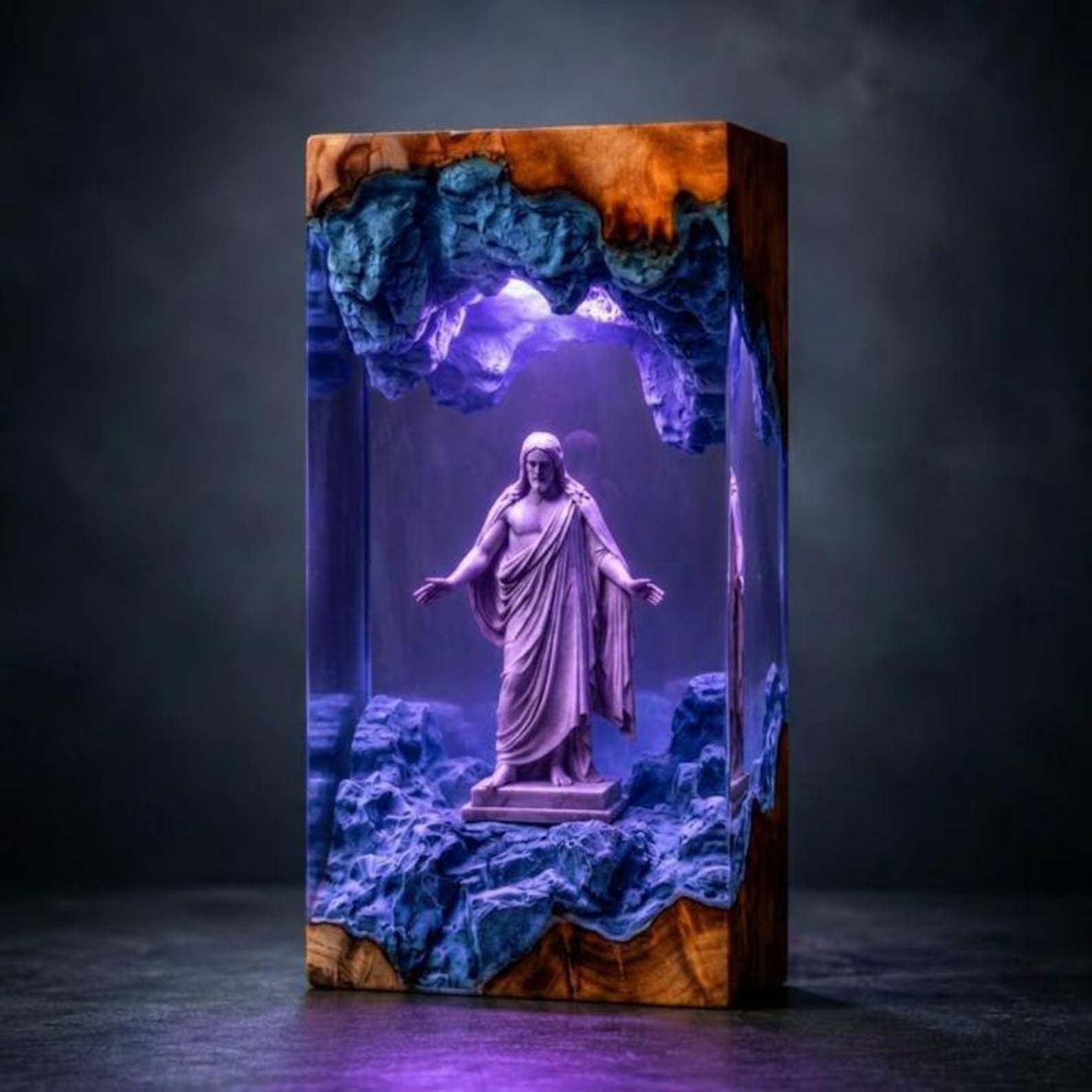 Jesus Resin Wood Night Light, Christian Desk Decor, Catholic Bedside Table Lamp, Religious Easter Gift, Dorm Room Lighting. RLPETAL17