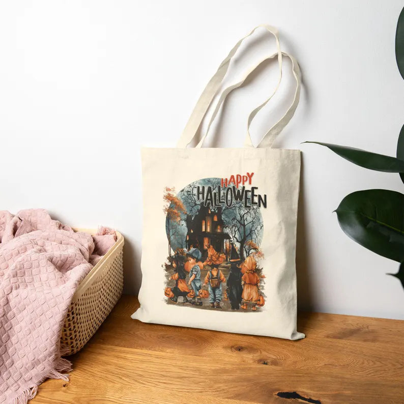 Happy Halloween Tote Bag Cute Vintage Kids Canvas Handbag Retro Haunted House Shoulder Shopping Bag Spooky Full Moon Autumn Fall Gift. HLWTBPETAL12