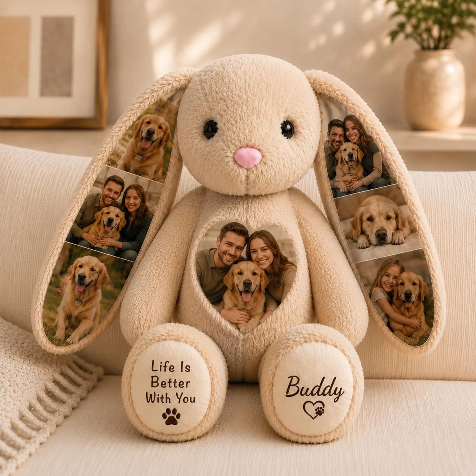 Custom Photo Bunny Plush, Personalized Hidden Ear Picture Stuffed Rabbit, Custom Bunny Gift for Couple, Baby, Mom & Pet Lover. BPPETAL3