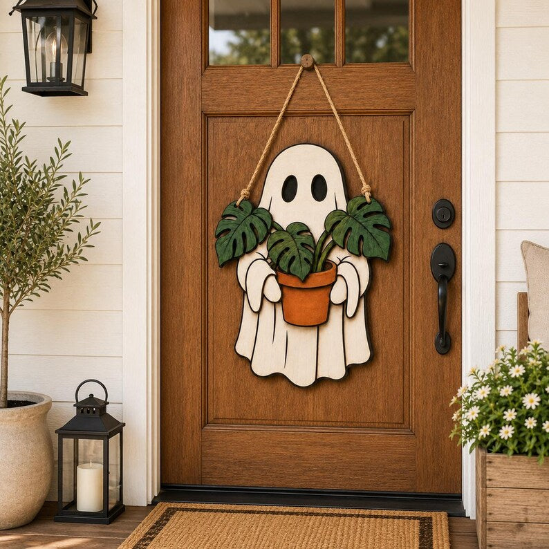 Ghost Plant Halloween Door Sign, Wooden Halloween Sign, Halloween Decor. Trick or Treat Halloween 2D Flat Sign, Wooden Halloween Door Sign, Halloween Gift. HLWDHPETAL07