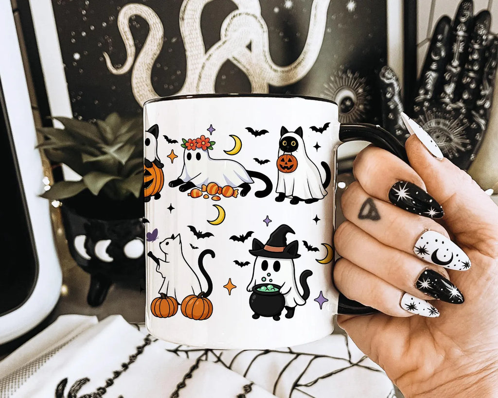 Funny Halloween Coffee Mug, Halloween Black Cat Ghosts Mug, Spooky Cat Mug, Halloween Gift for Cat Lovers, Cute Ghost Mug, Fall Pumpkin Cat. MPETAL9