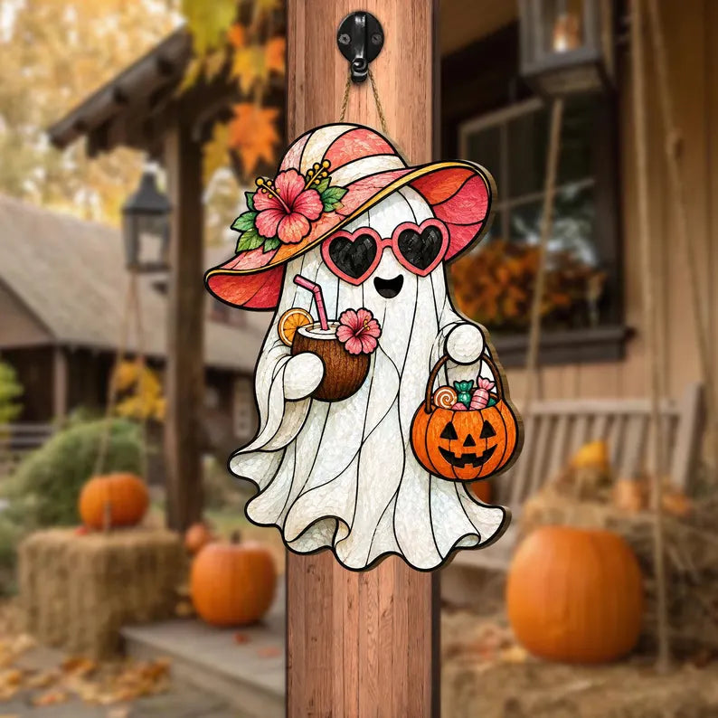 Ghost Welcome Door Hanger, Cute Halloween Ghost Sign, Wooden Halloween Door Sign. Floral Ghost Door Hanger, Wooden Halloween Porch Decor. HLWDHPETAL03