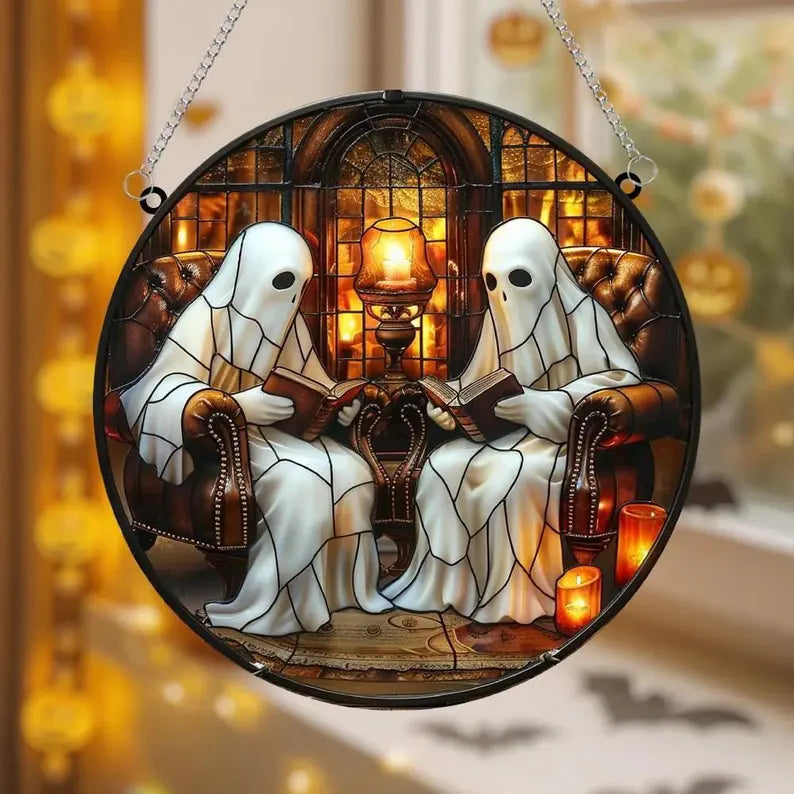 Reading Ghost Couple Acrylic Suncatcher, Cozy Library Faux Stained Glass Halloween Window Decor, Bookish Ghost Gift for Readers. HSPETAL11