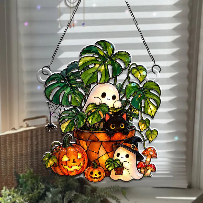 Cute Ghost Plant And Black Cat Acrylic Suncatcher, Pumpkin Window Hanging, Hangings Plant Lover Gift, Black Cat Lover Gift, Halloween Decor. HSPETAL2