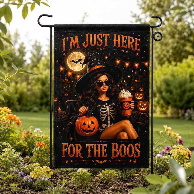 I'm Just Here For The Boos Garden Flag, Funny Halloween Witch Flag, Spooky Season Yard Decor, Summerween Flag. HLWGFPETAL17