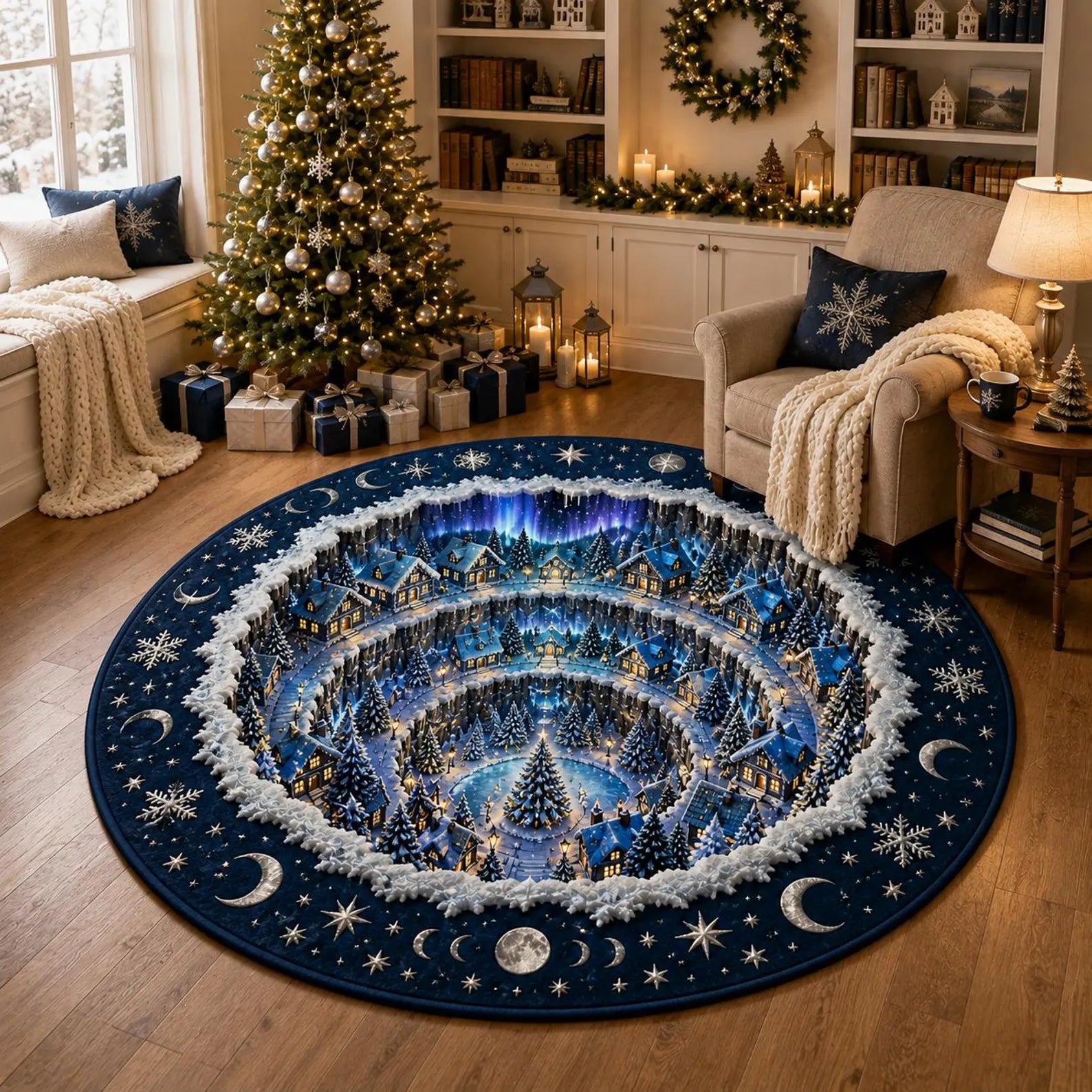 Vintage 3D Optical Illusion Winter Village Quilted Round Rug, Flannel Christmas Floor Carpet. QRPETAL17
