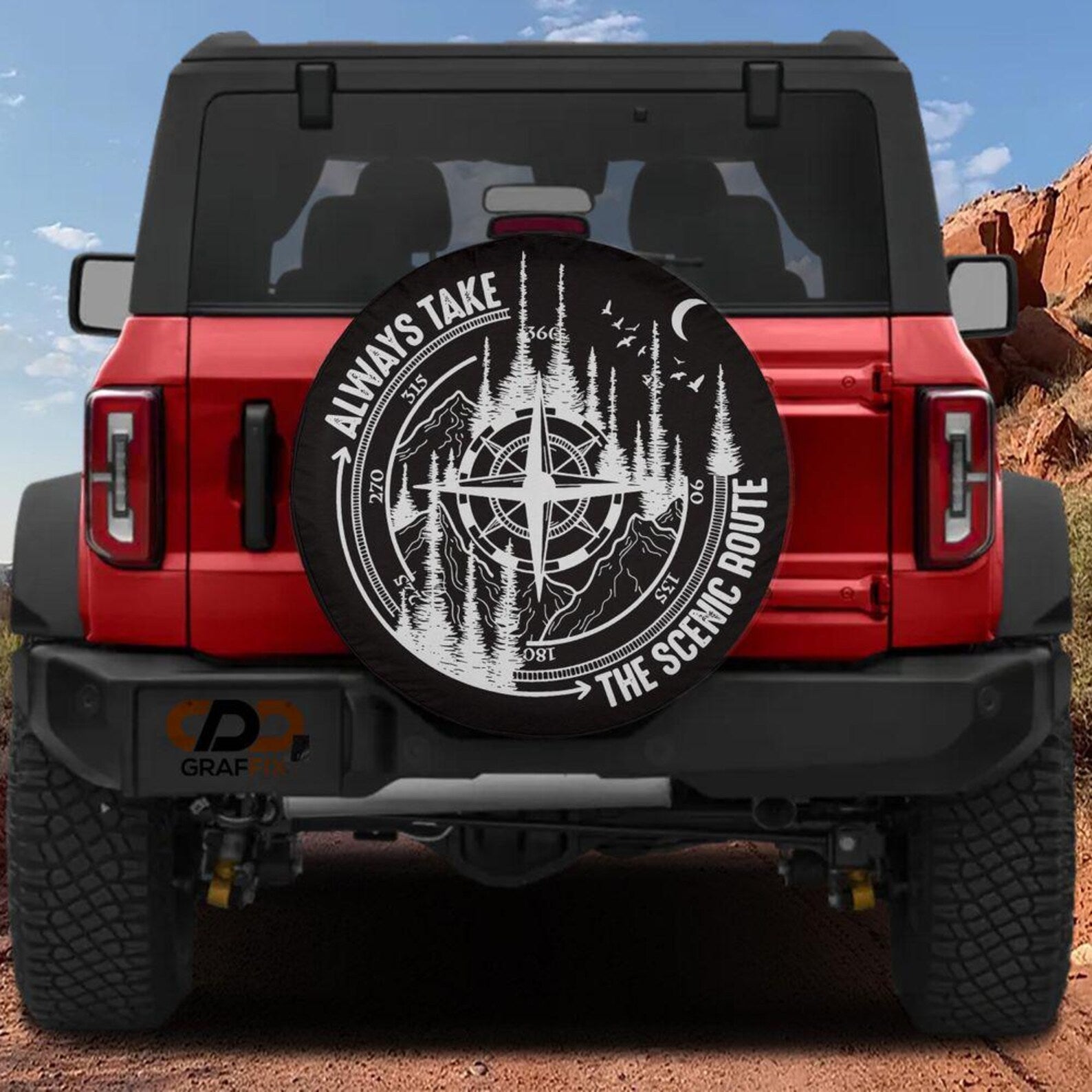 Always Take The Scenic Route Spare Tire Cover, Mountain Compass Jeep Tire Cover, Adventure PVC Leather Tire Cover, Outdoor Travel Vehicle Accessory. TCPETAL14