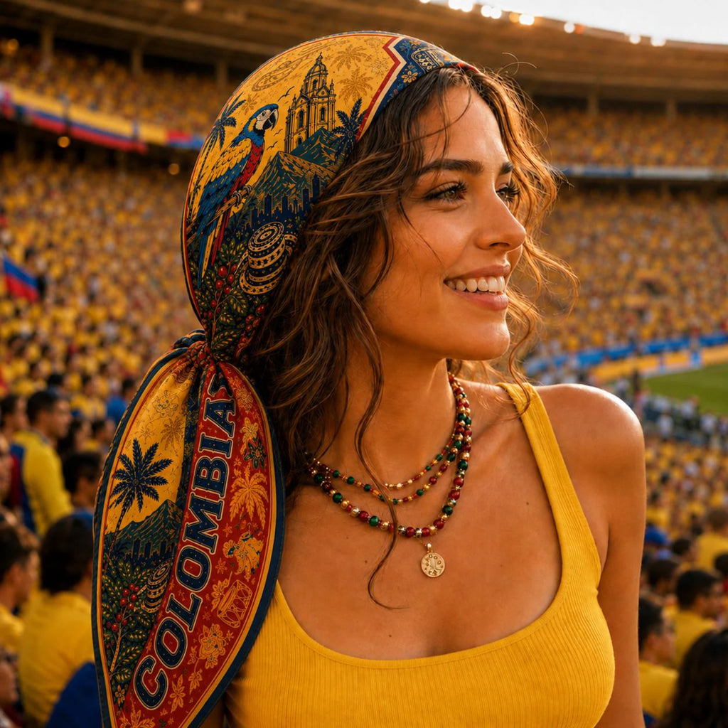 Colombia Flag Satin Hair Scarf, Colombian Pride Soccer Bandana, Vintage Tropical Gameday Square Headscarf, Latina Travel Souvenir Gift. SSPETAL17