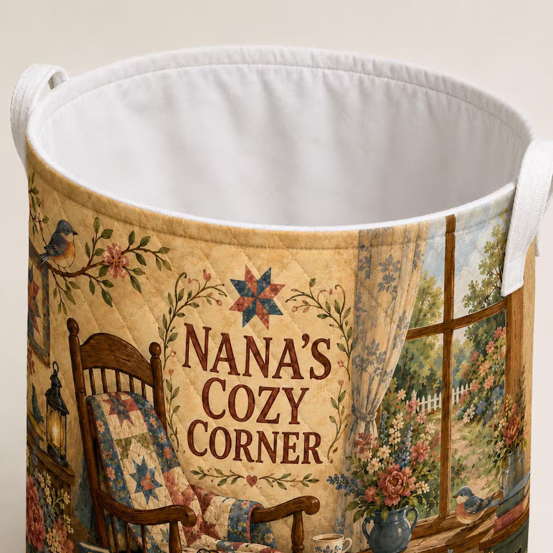 Personalized Nana Quilted Laundry Basket, Custom Cozy Corner Storage Bin, Grandma Reading and Craft Room Gift LBPETAL150