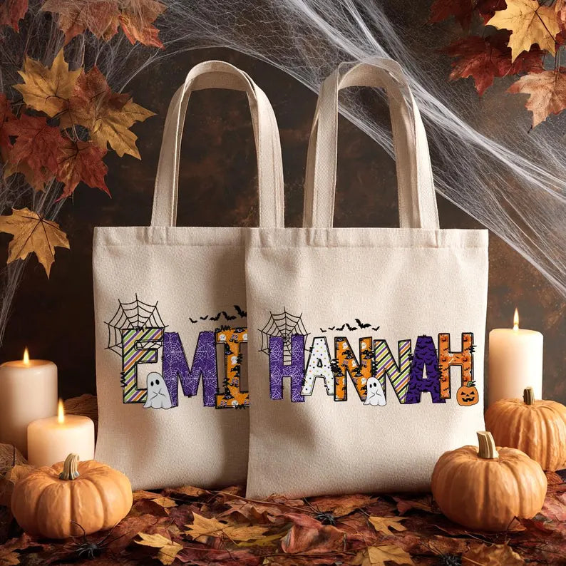 Personalized Halloween Tote Bag, Custom Name Trick or Treat Bag, Cute Ghost Pumpkin Candy Bag, Halloween Party Favor for Kids, Spooky Gift Bag. HLWTBPETAL2