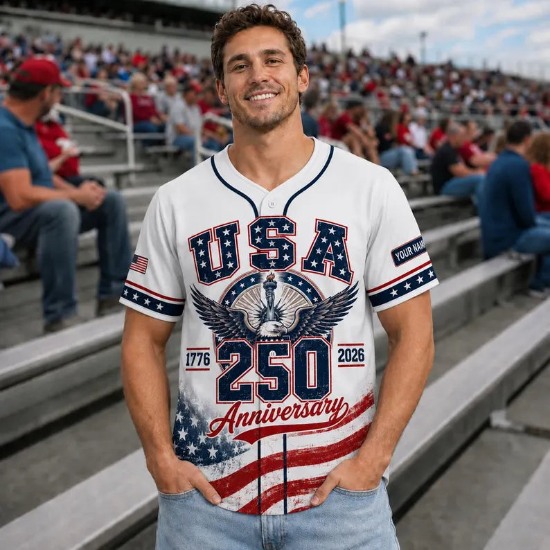 Custom USA 250 Anniversary Baseball Jersey, Personalized Patriotic Shirt, 4th of July Gift 1776.BJPETAL06