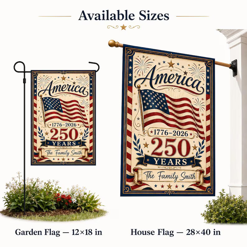 Personalized America 250 Garden Flag, Custom Family Name Patriotic Yard Flag, 1776-2026 Fourth of July House Flag, USA Outdoor Decor Gift. GFPETAL09