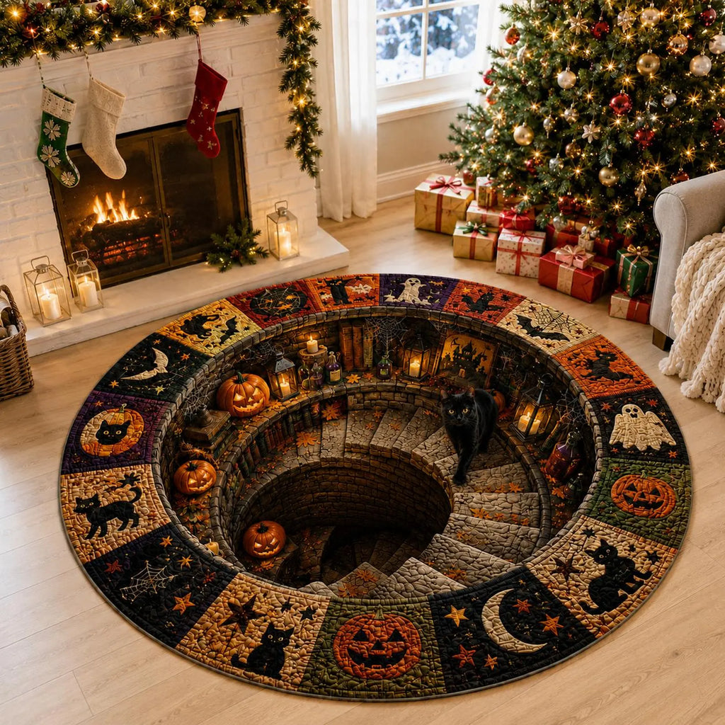 Halloween Black Cat Circle Rug, 3D Vortex Illusion Round Rug, Fall Autumn Leaves Spooky Decor, Witchy Floor Carpet Gift for Halloween. QRPETAL32