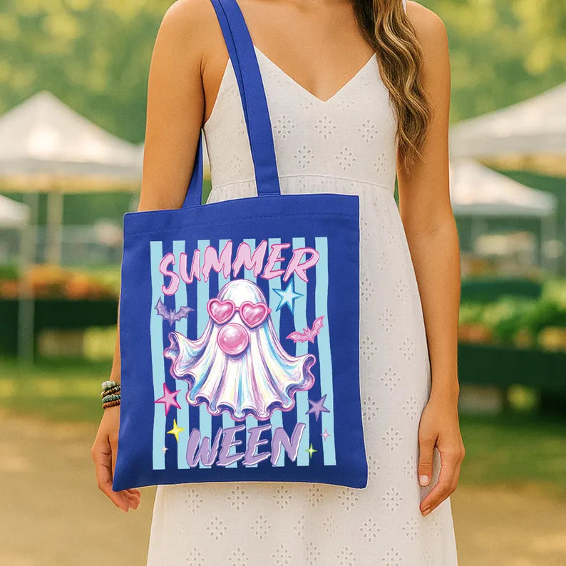 Halloween Summer Tote Bag, Funny Beach Tote, Spooky Season Gift Bags, Ghost Pumpkin Tote. HLWTBPETAL13