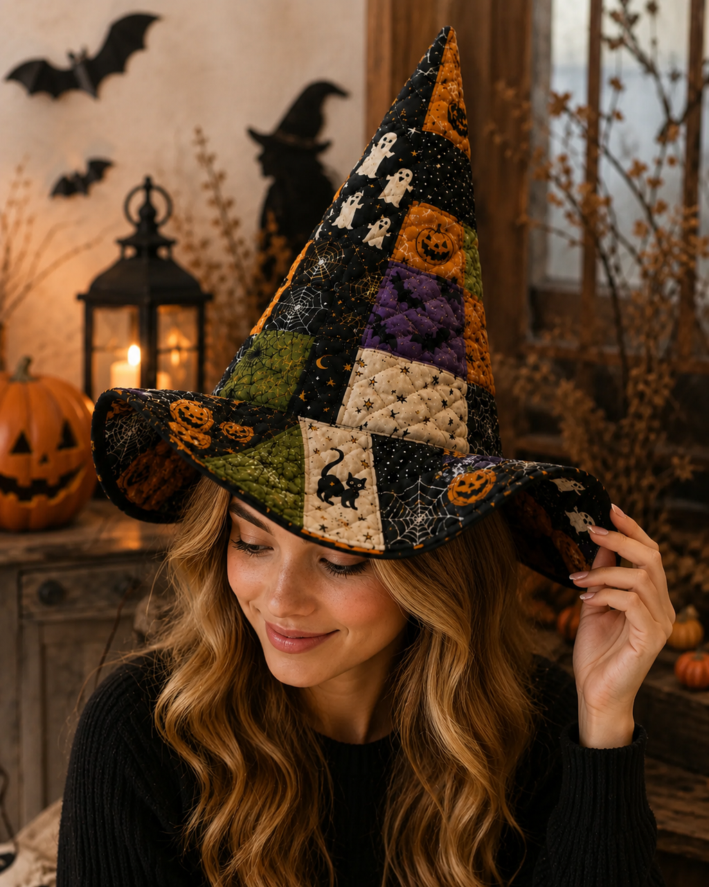 Halloween Patchwork Quilted Witch Hat – Soft Padded Witch Costume Hat with Pumpkin, Ghost & Black Cat Print. QWHPETAL4