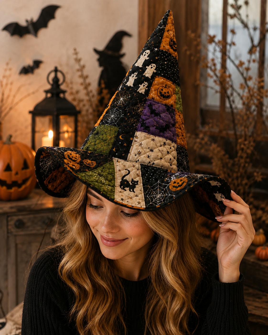 Halloween Patchwork Quilted Witch Hat – Soft Padded Witch Costume Hat with Pumpkin, Ghost & Black Cat Print. QWHPETAL4