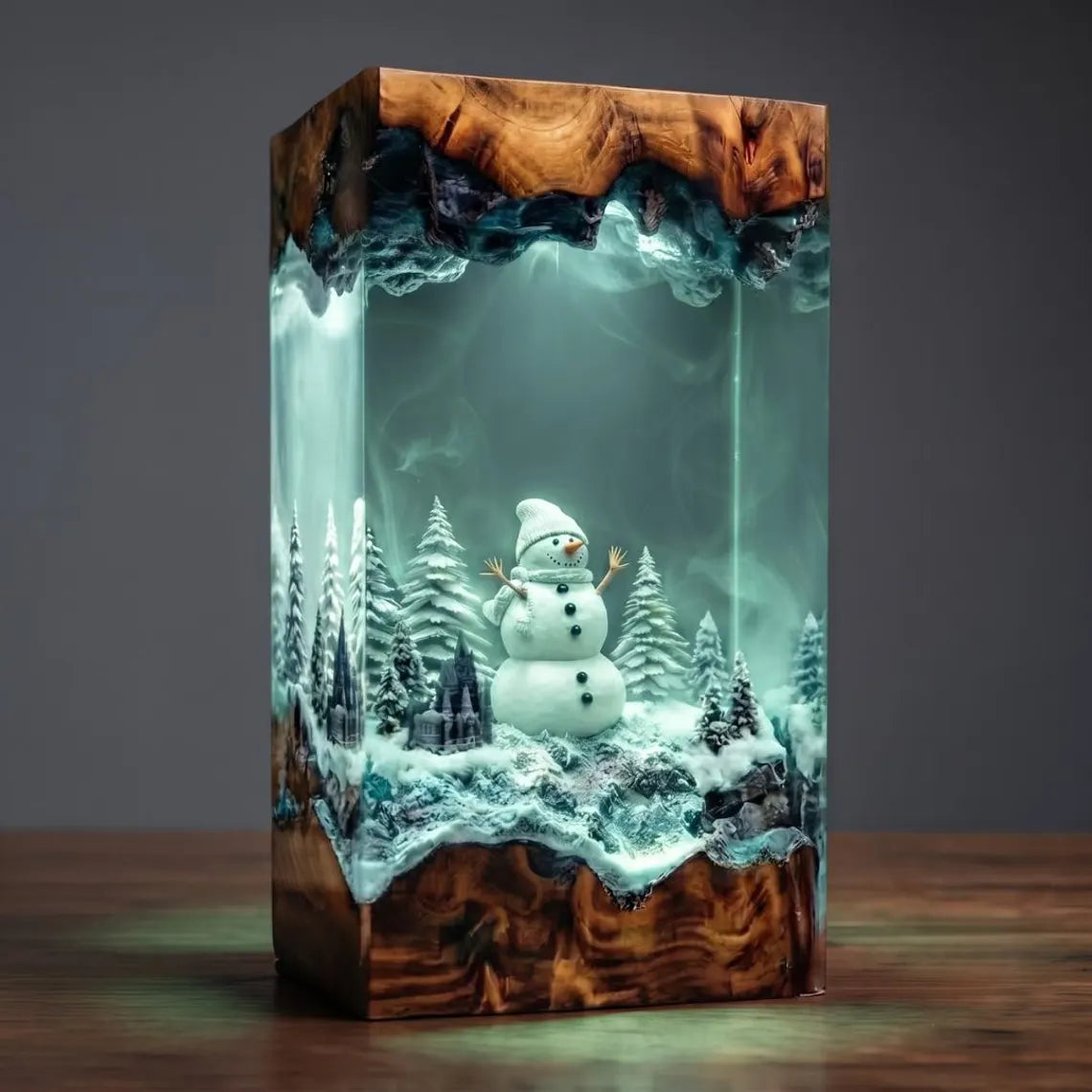 Snowman and Pine Forest Winter Diorama, Color Changing Epoxy Resin Wood Night Light. RLPETAL01