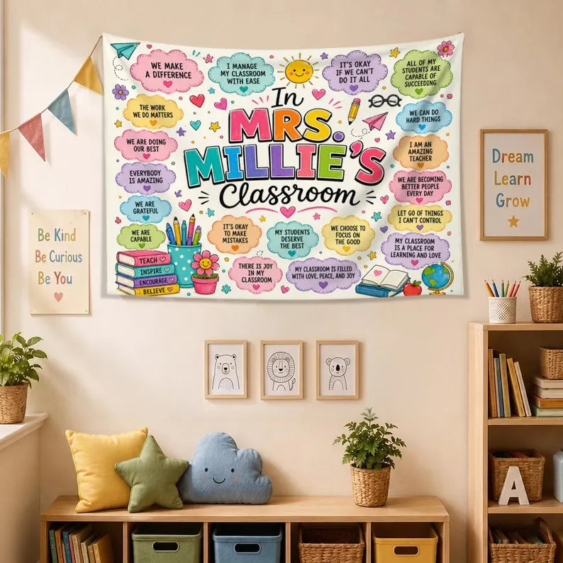 Personalized Teacher Classroom Tapestry,personalized teacher banner. Custom Affirmation Banner, Name Wall Hanging. Classroom Banner Custom Name. CBPETAL12