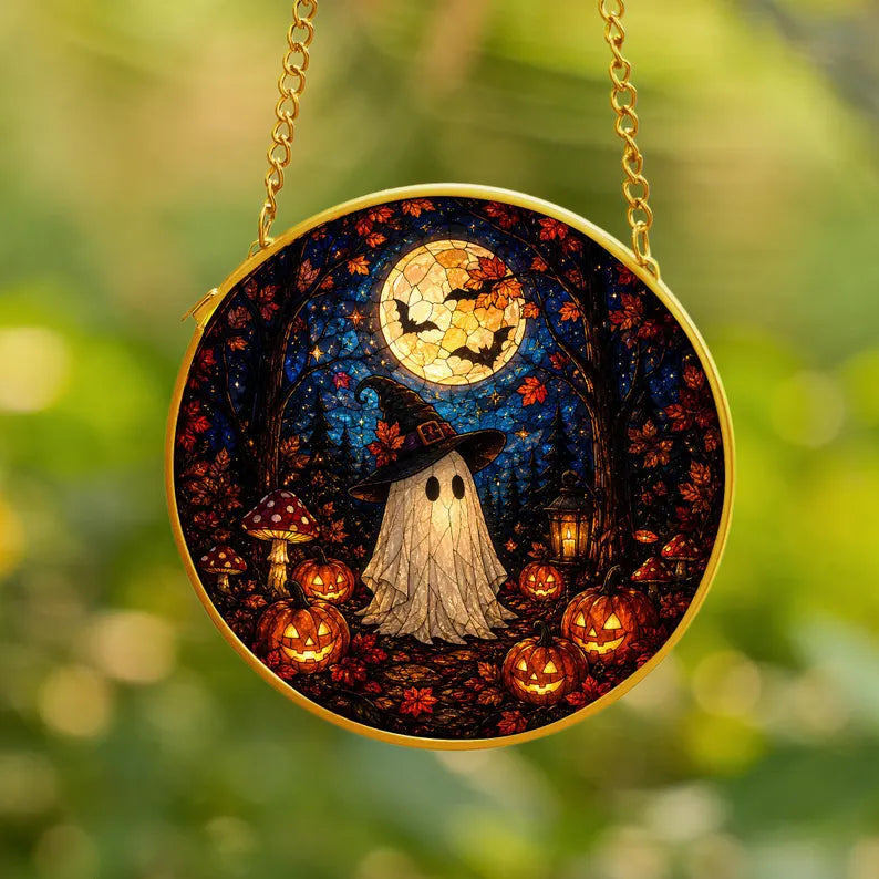 Halloween Ghost Pumpkin Stained Glass Window Suncatcher, Cute Spooky Hanging Decor, Fall Home Ornament Art Piece - Golden Frame. HSPETAL15