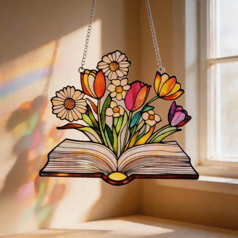 Stained Glass Book Suncatcher, Floral Book Lover Gift, Reading Nook Decor, Window Hanging Glass Art, Teacher Gift, Library Decor. SUNPETAL12