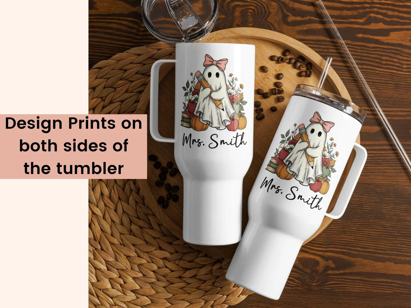 Personalized Teacher 40oz Tumbler Halloween Gift for Teacher Fall Gift, Teacher Travel Mug, Custom Teacher Tumbler Gift, Ghost Tumbler Cup. TBLPETAL9
