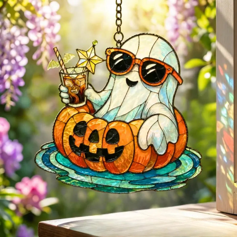 Americano Ghost Acrylic Suncatcher Window Hanging Pumpkin Decor Spooky Fall Ornament SummerWeen Suncatcher, Gift for Halloween Lovers. HSPETAL8