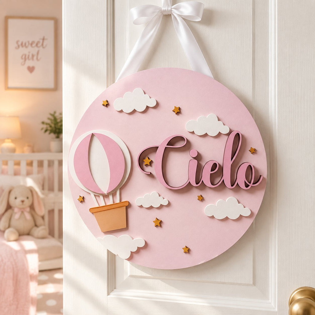 Personalized Hot Air Balloon Wooden Sign, Custom Girl Name Door Sign, Pink Nursery Wall Decor, Baby Girl Room Gifta WOODKID03