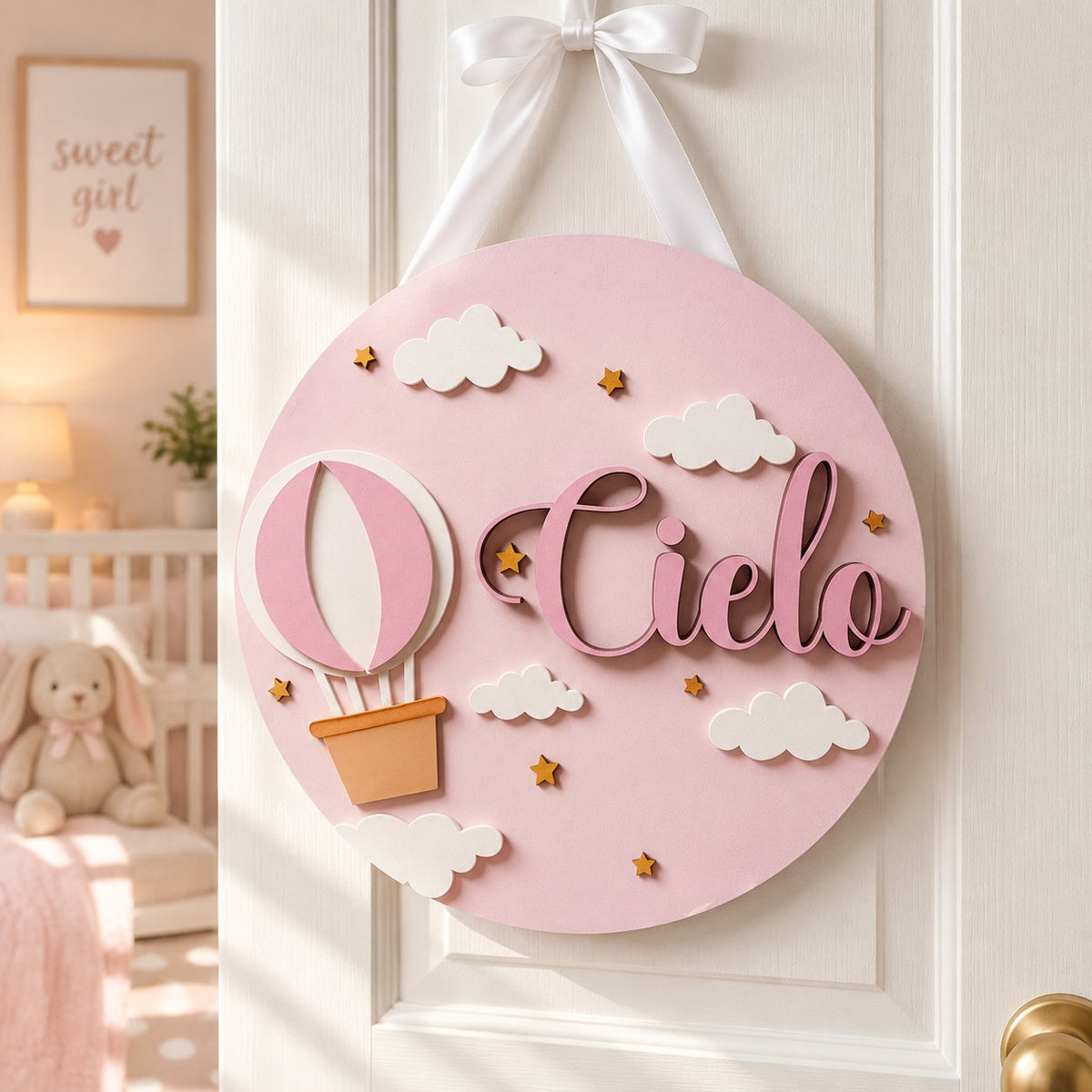 Personalized Hot Air Balloon Wooden Sign, Custom Girl Name Door Sign, Pink Nursery Wall Decor, Baby Girl Room Gifta WOODKID03