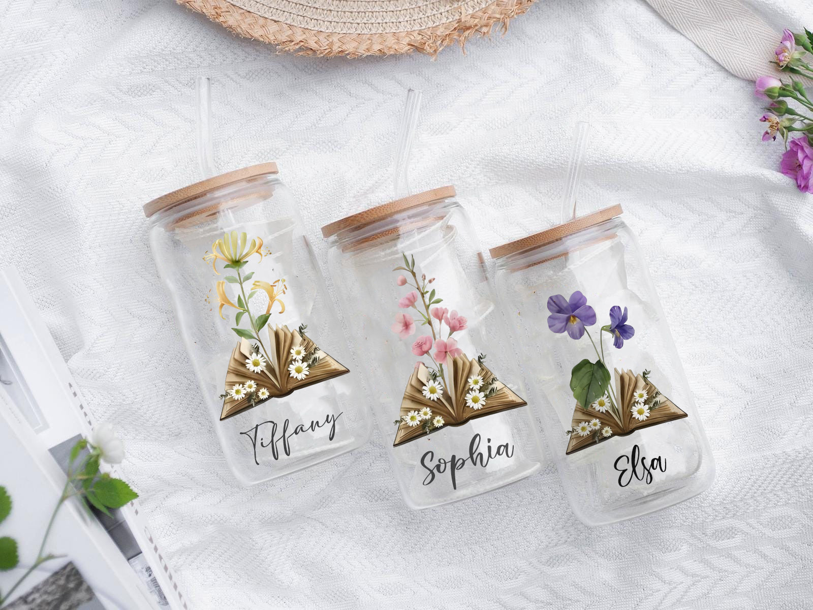 Personalized Book and Flower Glass Cup with Bamboo Lid and Straw, Custom Name Iced Coffee Tumbler, Literary Floral Gift for Book Lovers and Her