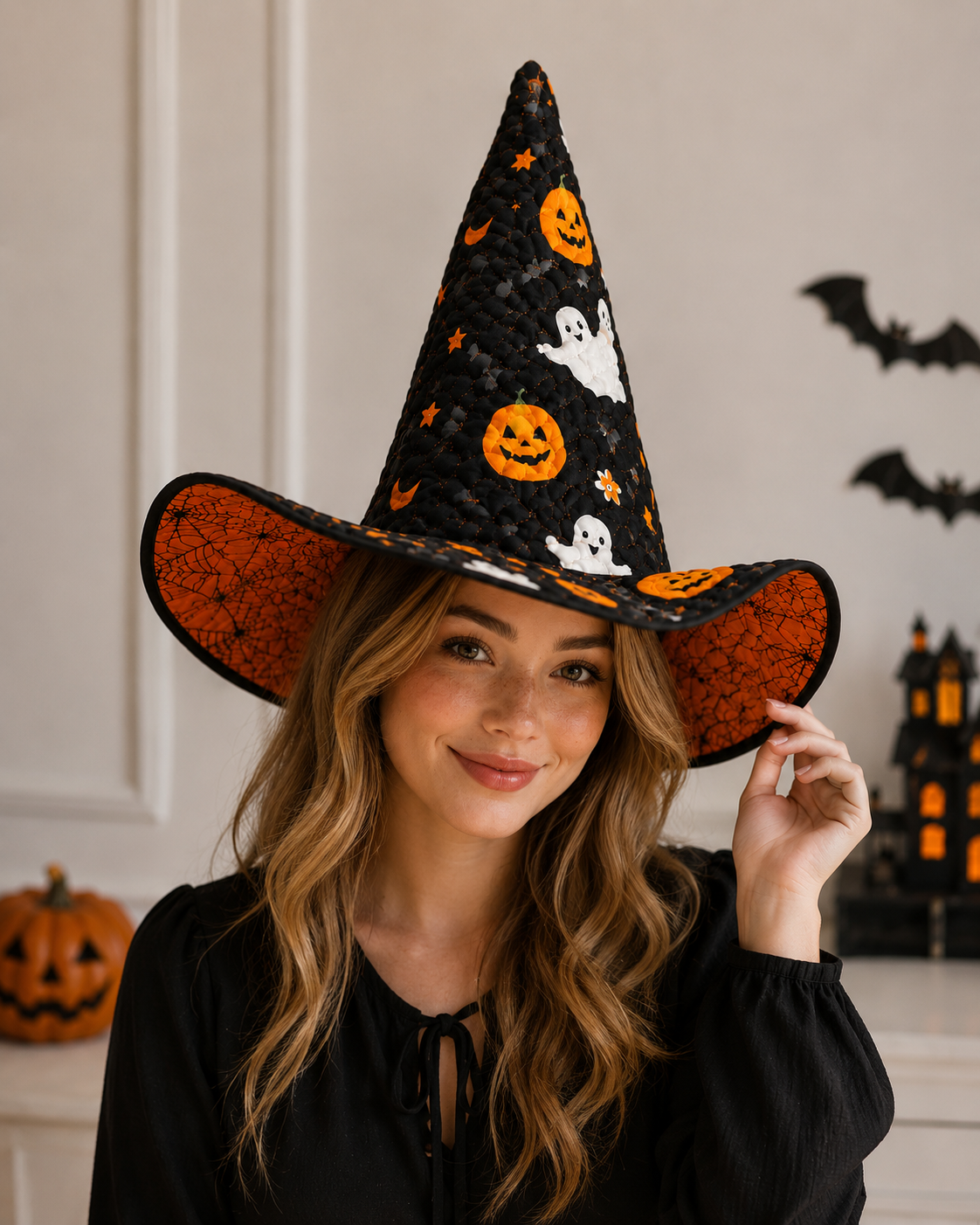 Halloween Quilted Witch Hat for Women – Black Pumpkin Ghost Witch Costume Hat with Orange Spiderweb Lining. QWHPETAL3