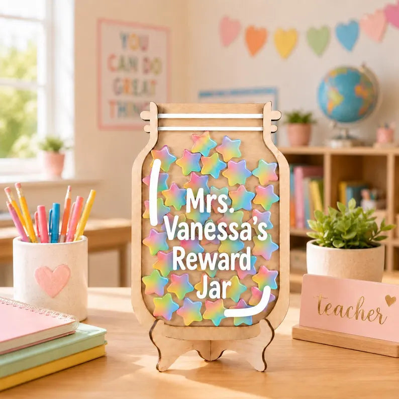 Personalized Teacher Reward Jar, Custom Classroom Star Jar, Magnetic Reward Chart, Back to School Teacher Gift, Kids Reward System. RJPETAL08