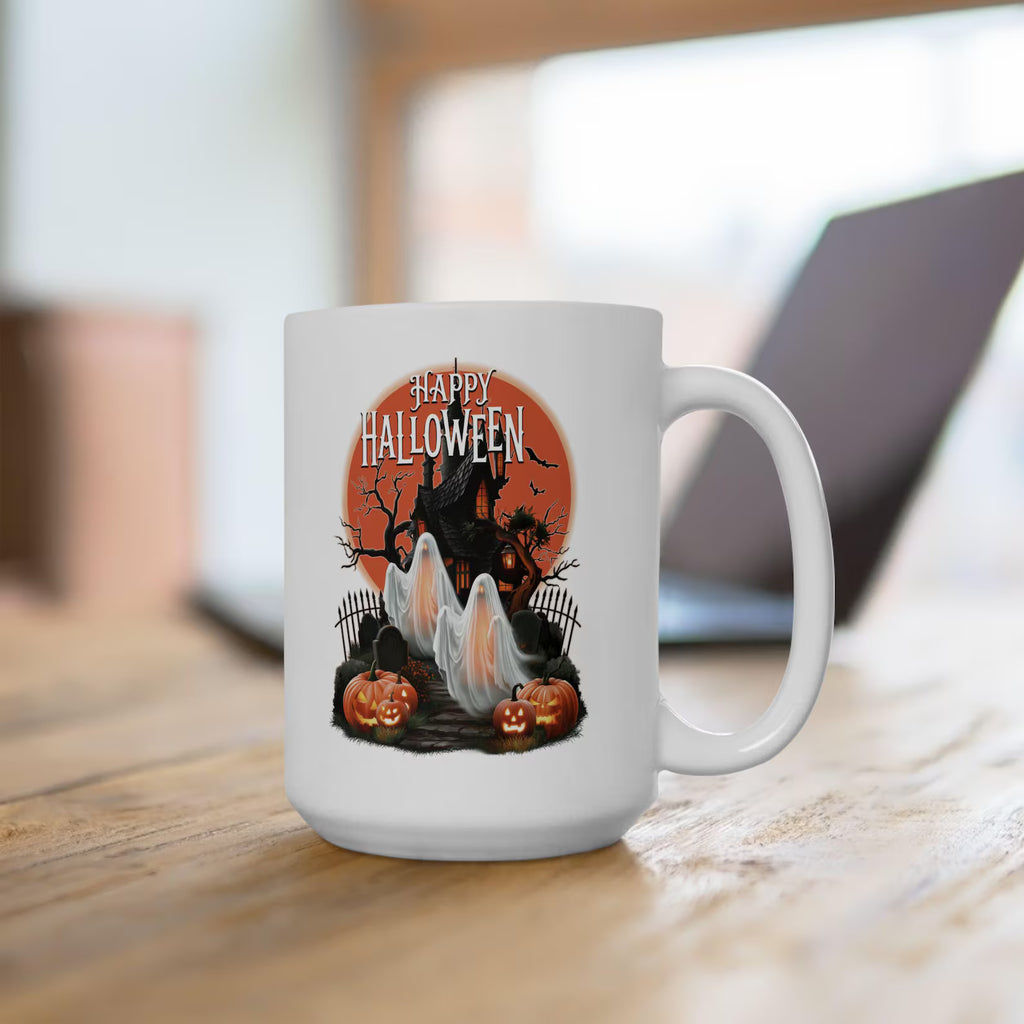 Happy Halloween Mug Spooky Ghosts Coffee Cup Gothic Haunted House Ceramic Mug Glowing Full Moon Autumn Fall Gift Holiday Keepsake Cup. MPETAL13