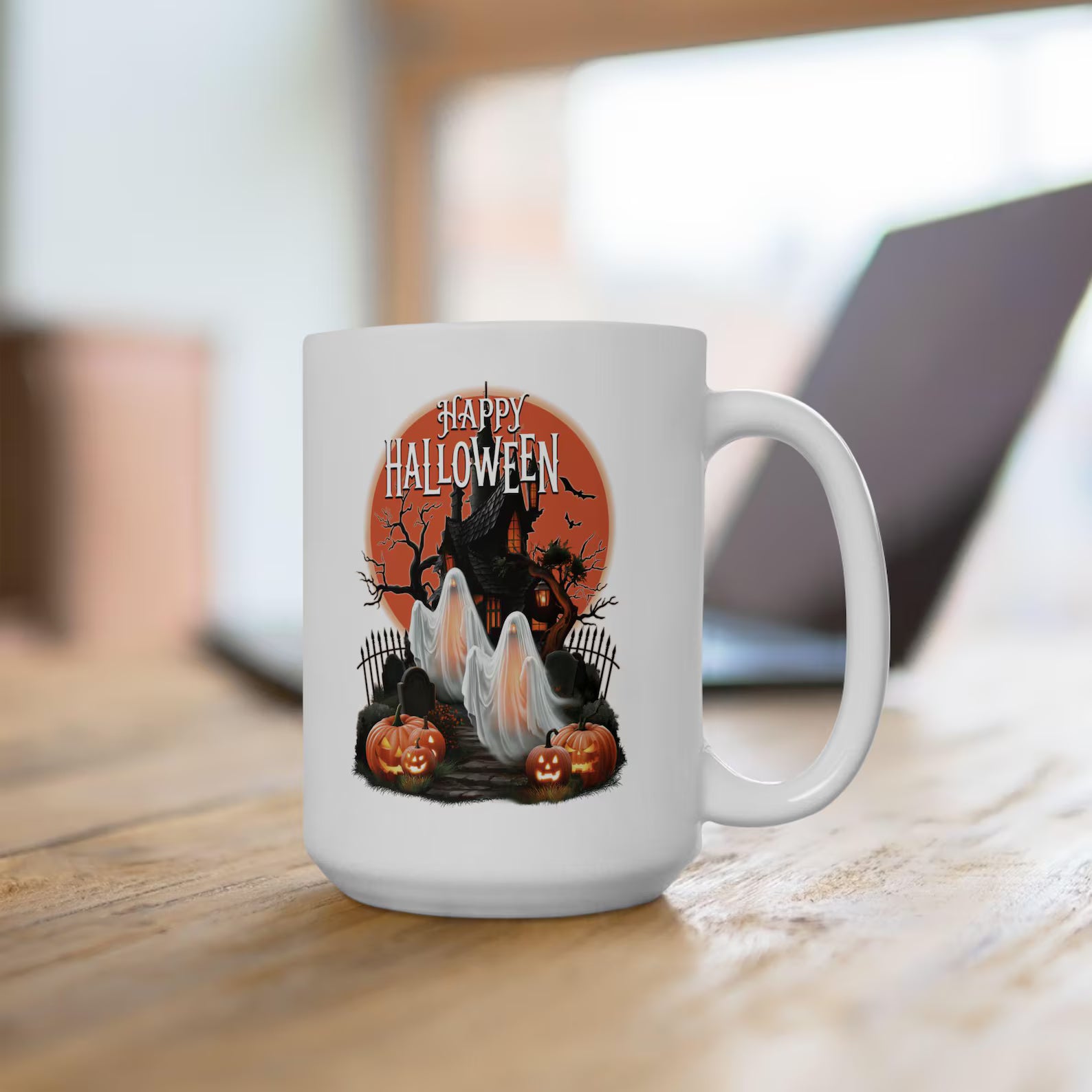 Happy Halloween Mug Spooky Ghosts Coffee Cup Gothic Haunted House Ceramic Mug Glowing Full Moon Autumn Fall Gift Holiday Keepsake Cup. MPETAL13