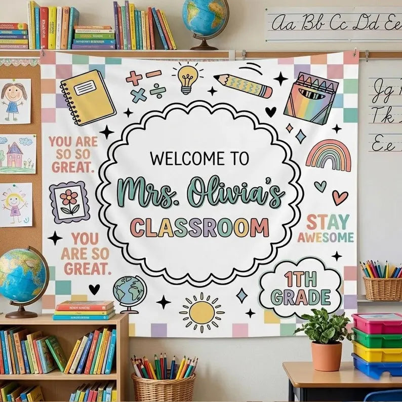 Personalized Teacher Classroom Banner: Welcome Classroom Sign, Back To School Decor,personalized teacher banner. Classroom Banner Custom Name. CBPETAL13