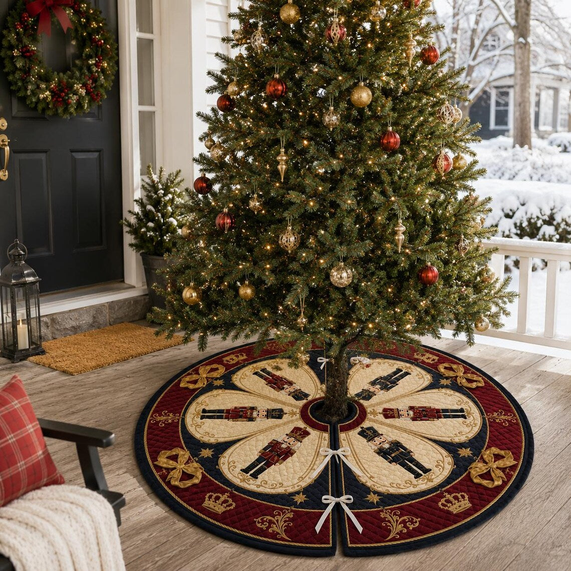 Nutcracker Christmas Tree Skirt, Quilted Holiday Tree Skirt, Royal Red Navy Gold Christmas Decor, Elegant Xmas Home Decor. CTSPETAL12