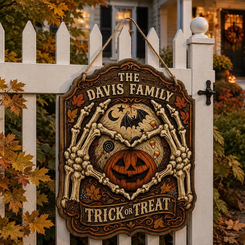 Personalized Halloween Wood Sign, Family Name Trick Or Treat Door Hanger, Skeleton Hands Pumpkin Porch Decor, Fall Fence Sign. HLWDHPETAL04