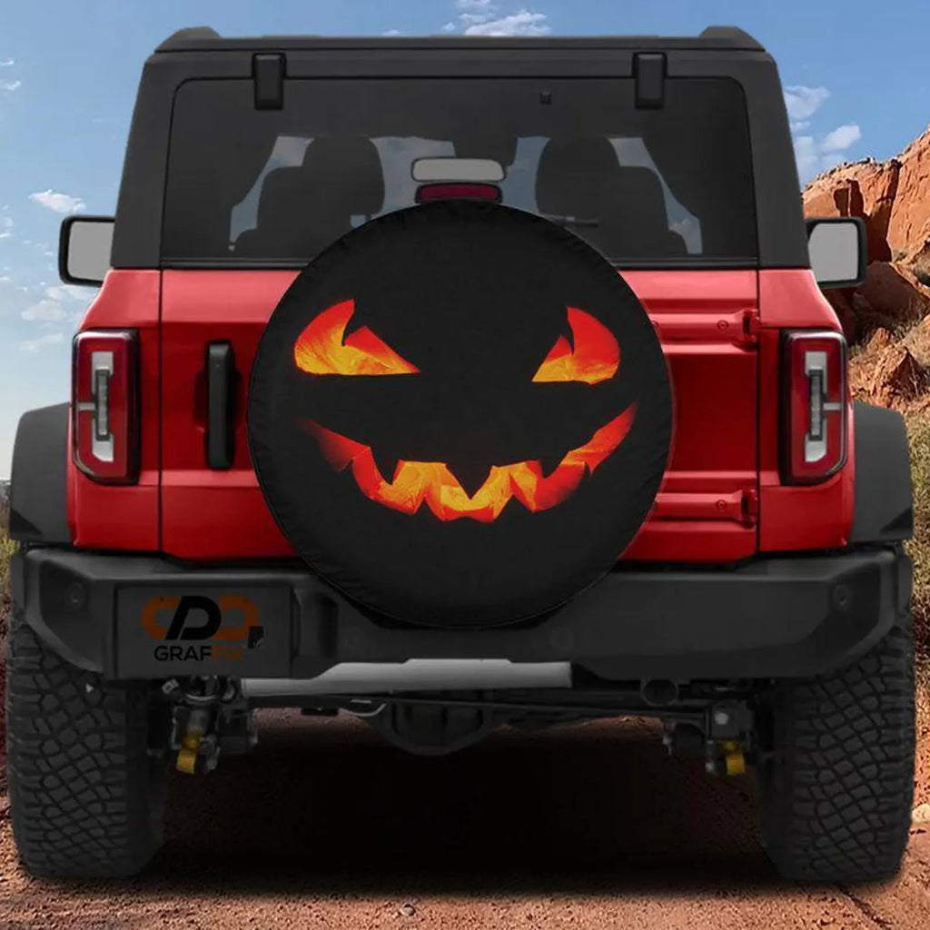 Halloween Pumpkin Face Spare Tire Cover, Jack O Lantern Tire Cover, Spooky PVC Leather Jeep Tire Cover, Halloween Car Accessories Gift. TCPETAL12