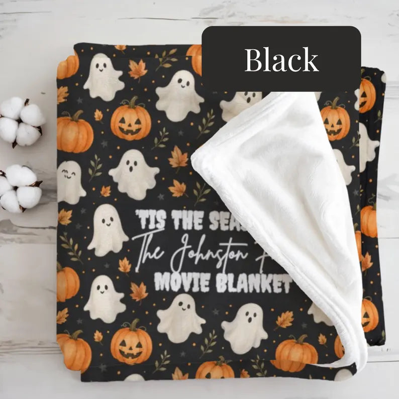 Custom Halloween Family Movie Night Blanket, Personalized Cozy Fall Couch Throw, Homewarming Gift, Ghost Pumpkin Blanket. BLKPETAL4