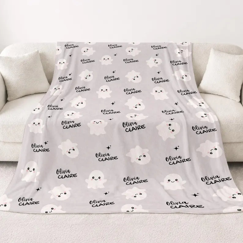 Personalized Ghost Baby Blanket | Custom Baby Name Halloween Blanket | Cute Ghost Nursery Blanket | Baby's First Halloween Gift for Newborn. BLKPETAL8