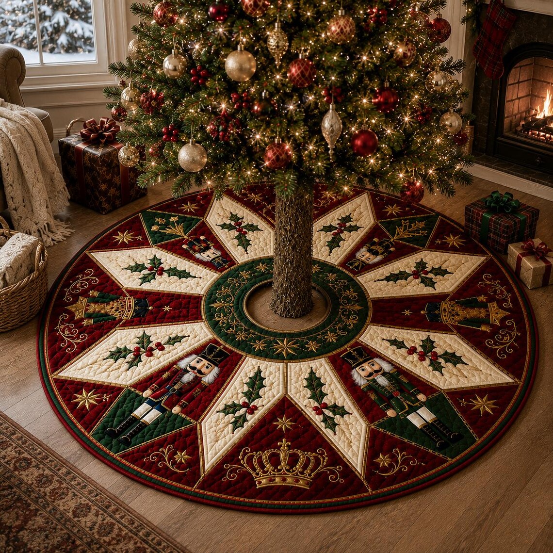 Vintage Nutcracker Quilted Tree Skirt, Retro Patchwork Tree Mat, Holiday Christmas Decor. CTSPETAL11