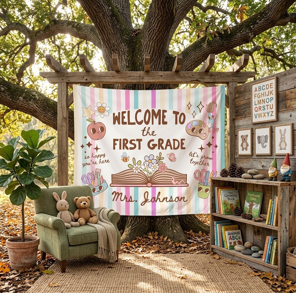 Custom First Grade Classroom Poster or Banner, Retro Classroom Decor, Elementary Teacher Pastel Wall Art, Back to School. CBPETAL11
