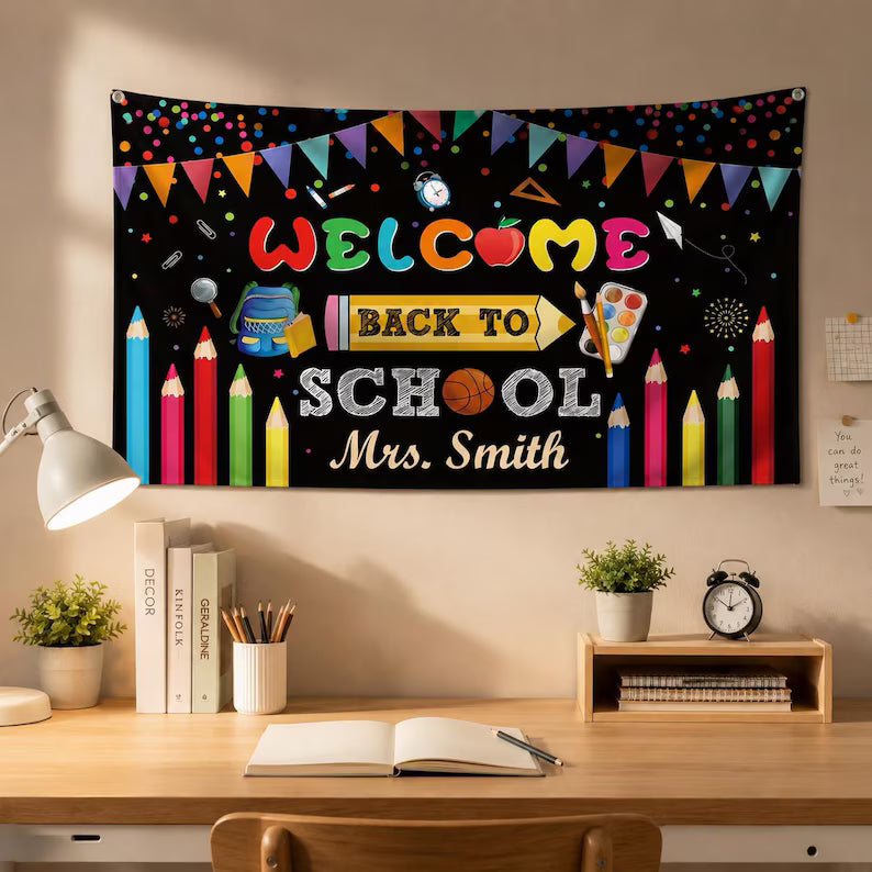 Custom Welcome Back To School Tapestry, Personalized Teacher Name Classroom Banner, Back To School Party Decor, Classroom Backdrop. CBPETAL16