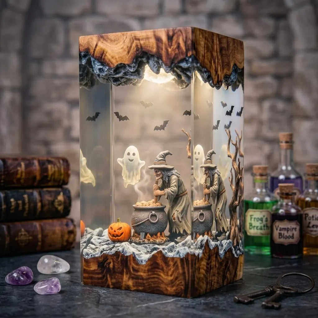 Spooky Witch Cauldron Resin Lamp, Poison Brew Night Light, Jack O Lantern Pumpkins, Flying Vampire Bats, Handmade Epoxy Halloween Gift. RLPETAL07